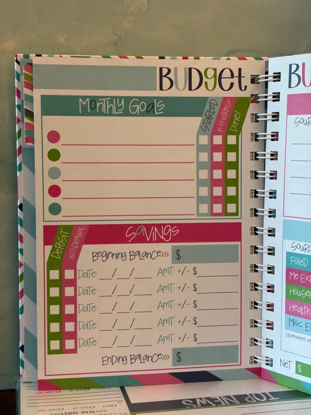 Budget Binder Spiral Notebook - Pink Green Blue Chevron